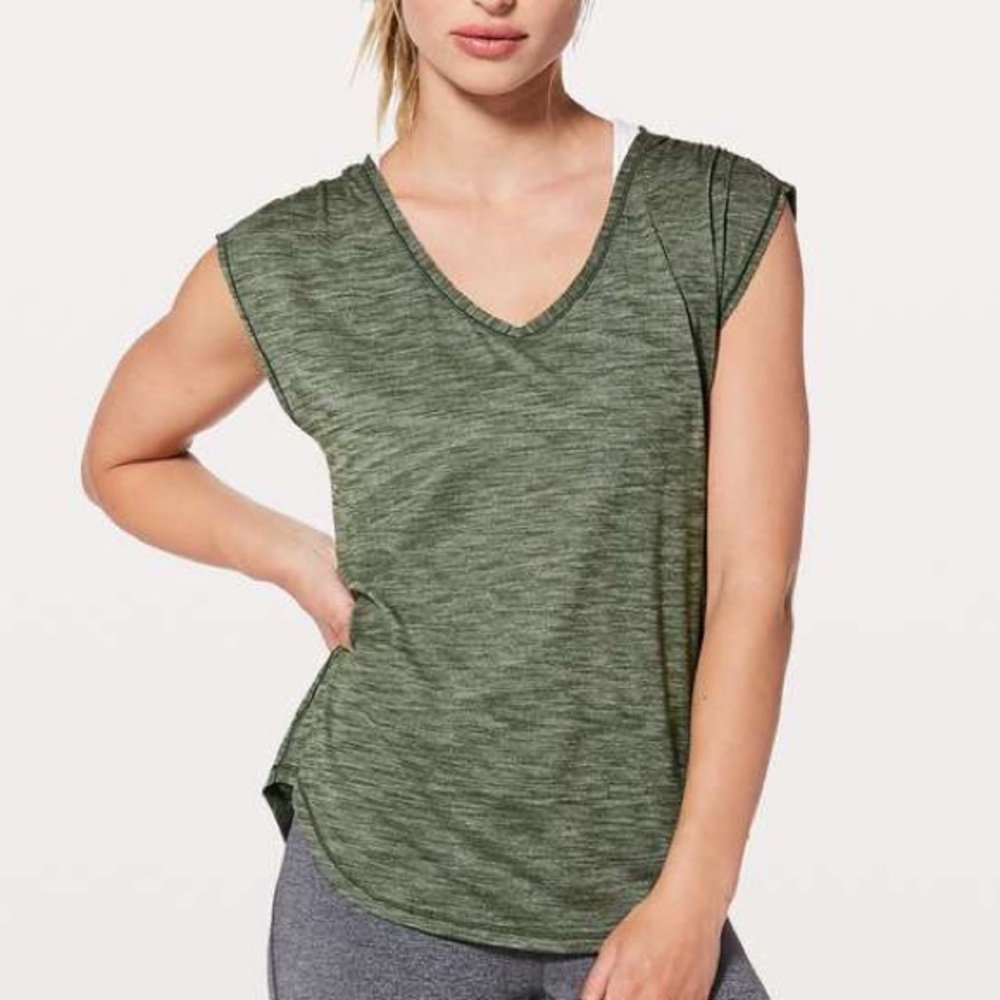 Lululemon Sweat Times Short Sleeve Heathered Barracks Green Tank Top